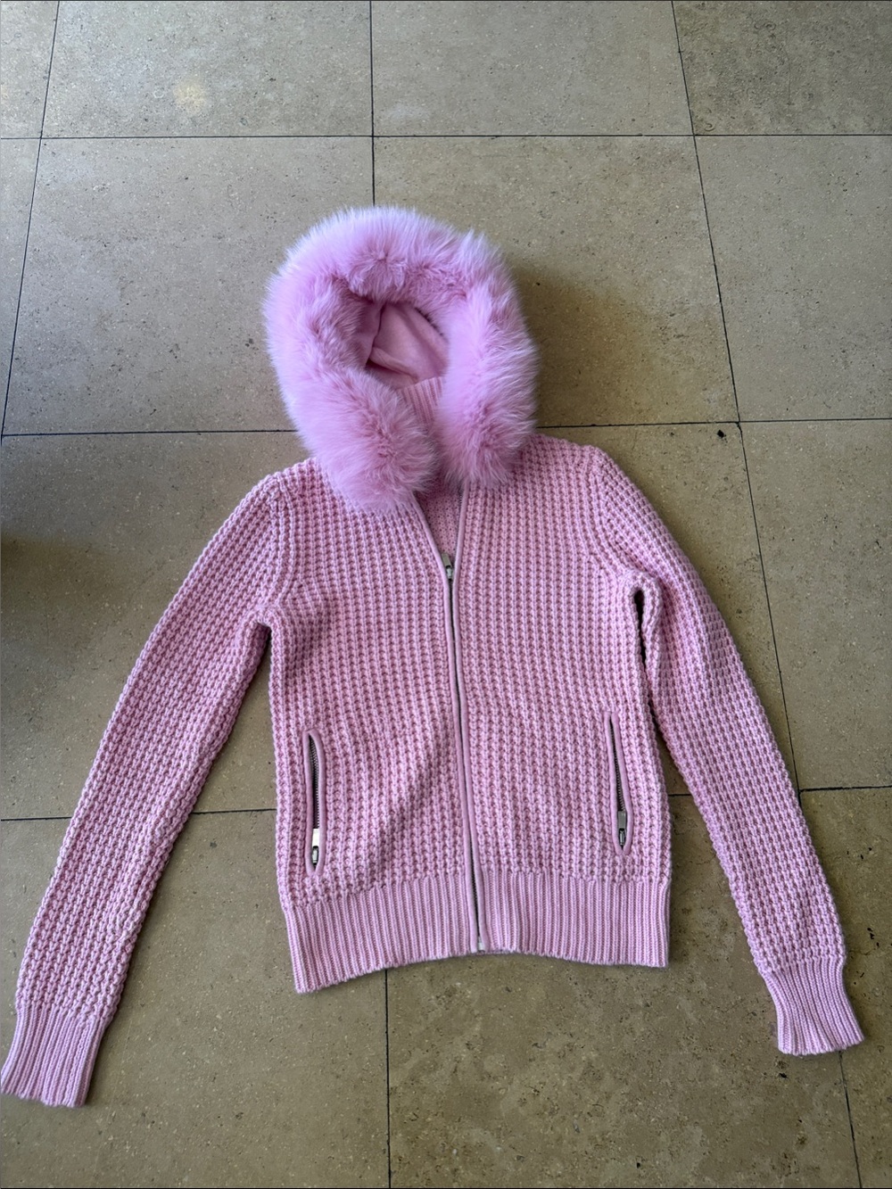 Michael Kors Collection Light Pink Knit Zip Hoodie with  real Fur Trim